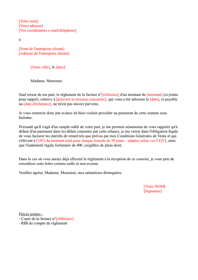 Exemple De Lettre De Rappel De Paiement  Exemple de Lettre