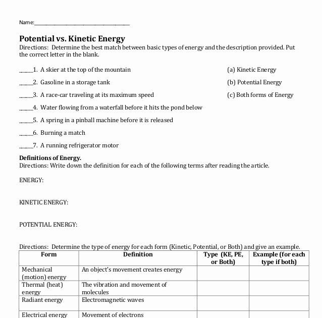 Kinetic Energy Worksheet Answers - worksheet