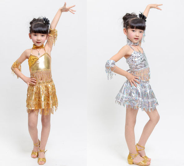 Plata vestido de baile latino para las muchachas del Paillette del oro vestidos Salsa de oro