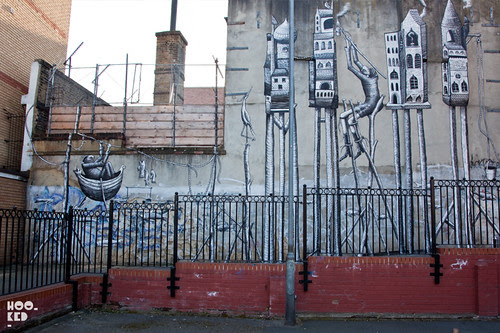 London street art mural by artist Phlegm on Heneage Street London street art mural by artist Phlegm on Heneage Street