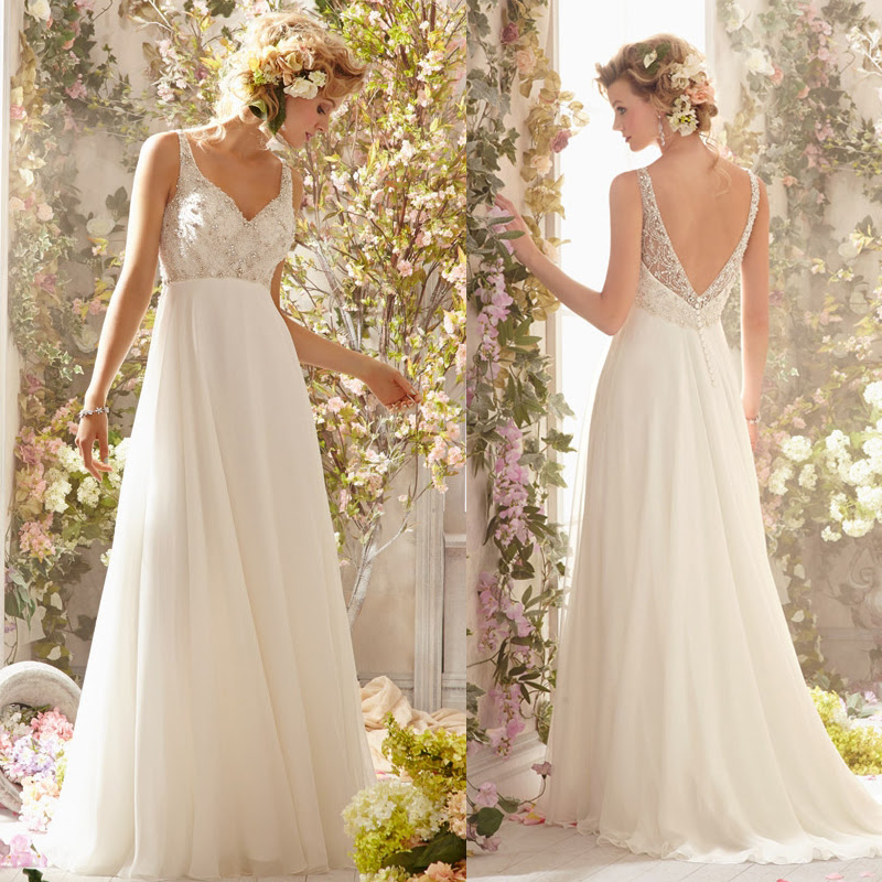 New Arrival Heavy Beaded Bodice Backless Flowy Bridal Gown Sexy Long Chiffon Beach Wedding Dress With
