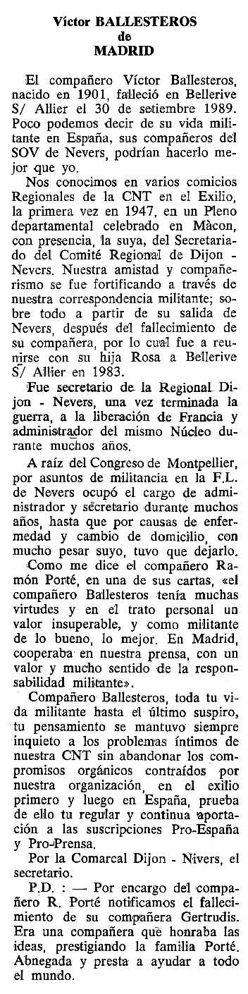 Necrològica de Víctor Ballesteros apareguda en el periòdc tolosà "Cenit" del 6 de març de 1990