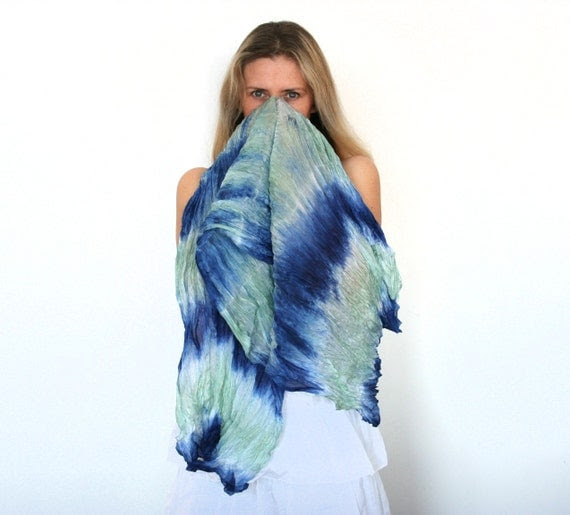 Women scarf, ruffled silk shawl Monaco blue spring green, spring fashion