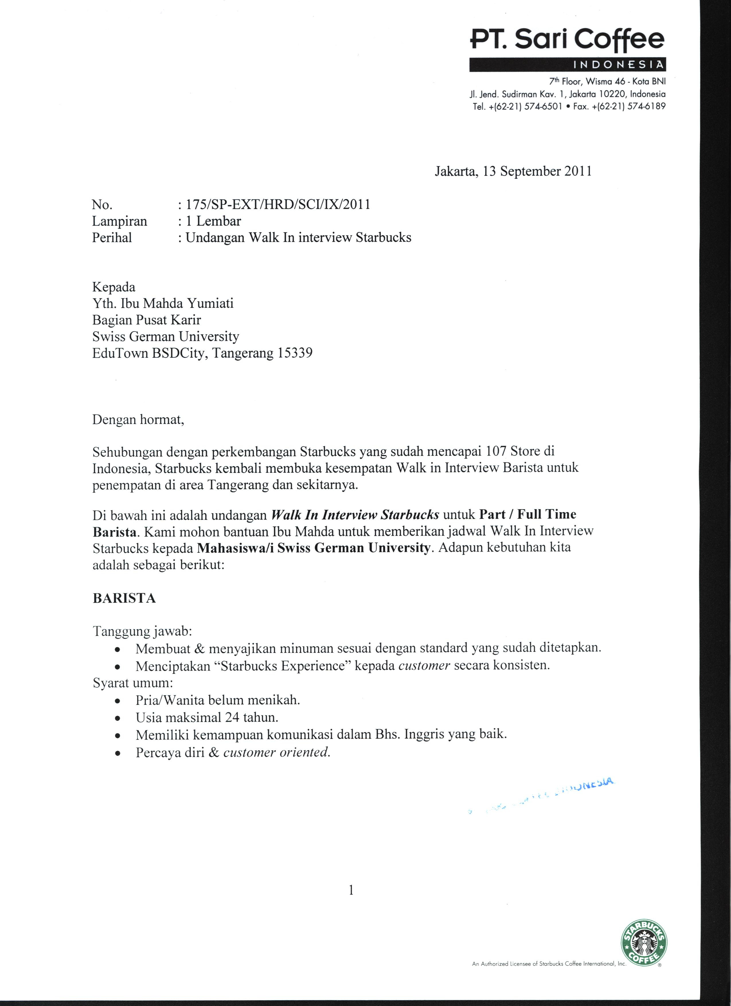 Surat Lamaran Starbucks Indonesia