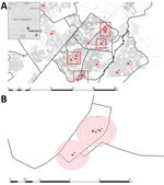 Thumbnail of Residence-associated data for patients in a tuberculosis cluster, Gaborone, Botswana, 2012–2015. A) Primary residences of 20 patients are indicated by red dots. Inset map shows location of Gaborone in Botswana. Black lines demarcate neighborhoods; gray lines demarcate property parcels; pink circles represent 0.5-km radius around a patient’s residence; and red rectangles indicate presence of 14 patients in 4 distinct neighborhoods, 13 of whom had spatial links. Four patients who are 