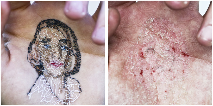 david cata sews portraits of his family into the palm of his hand