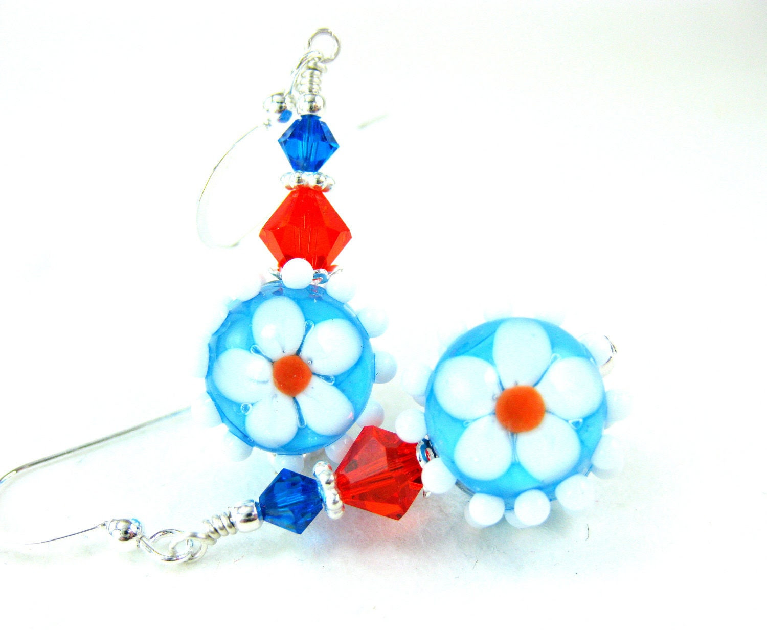 Blue Orange Daisy Earrings, Turquoise Blue Orange Beadwork Earrings, Floral Lampwork Earrings, Dangle Earrings, Drop Earrings - Miss Daisy - GlassRiverJewelry Blue Orange Daisy Earrings, Turquoise Blue Orange Beadwork Earrings, Floral Lampwork Earrings, Dangle Earrings, Drop Earrings - Miss Daisy - GlassRiverJewelry