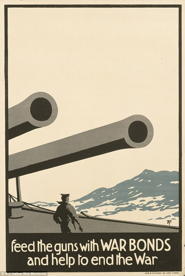 This striking design was issued in 1918. It depicts guns and a sailor aboard a battleship at sea. The poster was created to promote the purchase of war bonds with the white space in the upper half of the design left blank to allow for the addition of local text following distribution