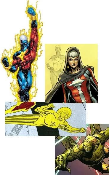 De cima para baixo: Genis-Vell; Phyla-Vell; Monica Rambeau; e Hulkling