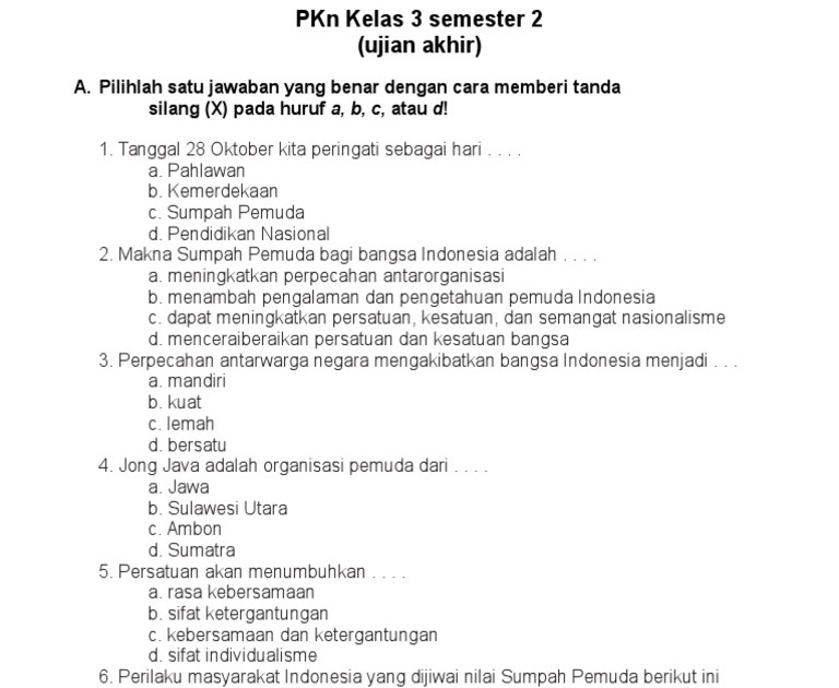 Download Soal Ukk Pkn Kelas 3 4 5 Semester 2 - Soal Tuntas