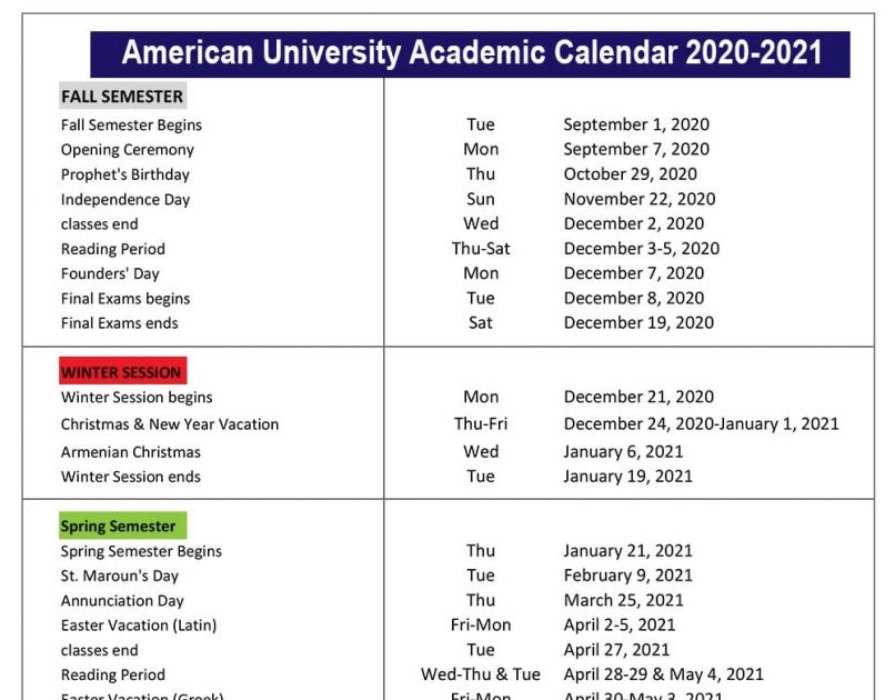 American University Academic Calendar 2021 22 Printable March