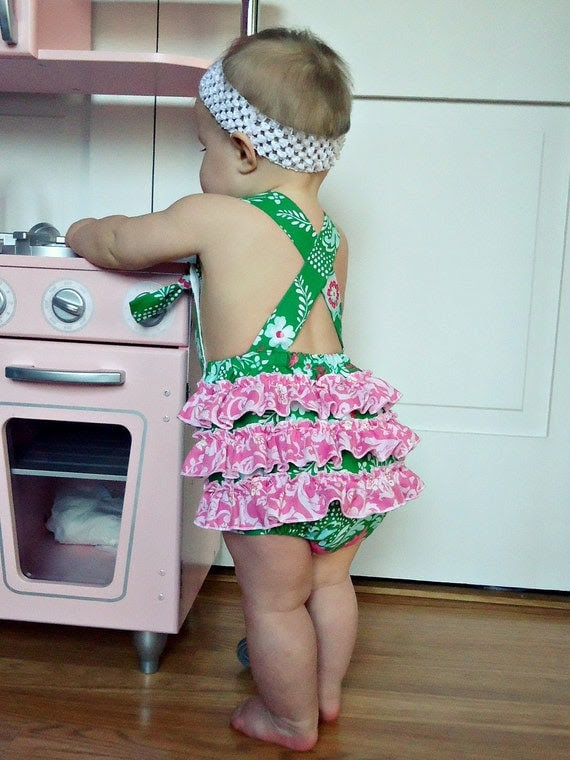 The Collyns Sunsuit -  Retro Knot Ruffled Sunsuit Romper for girls green pink Easter Spring Summer