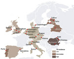 Thumbnail of TBNET study sites in the Pan European network for study and clinical management of drug- resistant tuberculosis (TBPAN-NET) project. Stratification is based on the incidence of tuberculosis (TB) reported during 2010–2011, which matched the inclusion period of the study. Data for 2011 were obtained from the European Centre for Disease Control and Prevention (10). Low TB incidence, &lt;20 cases/100,000 persons; intermediate TB incidence, 20–100 cases/100,000 persons; high TB incidence