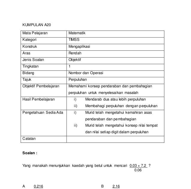 Contoh Soalan Objektif Matematik Tingkatan 2 - Selangor r