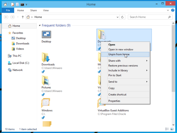 tháo kim găm từ nhà của Windows 10