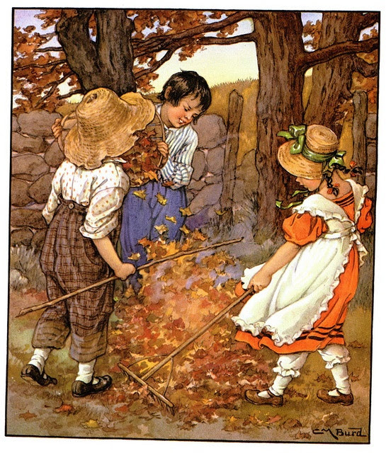 raking the leaves- great print IDEA: cover some books with brown paper. Print off this print and divide it up into strips for the book spines to recreate the scene when the book spines are aligned