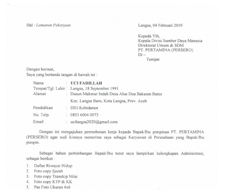 Contoh Surat Lamaran Kerja Untuk Pt Pertamina