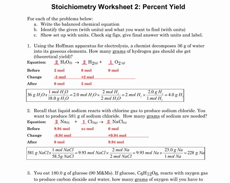 Stoichiometry Worksheet 2 Percent Yield Answers