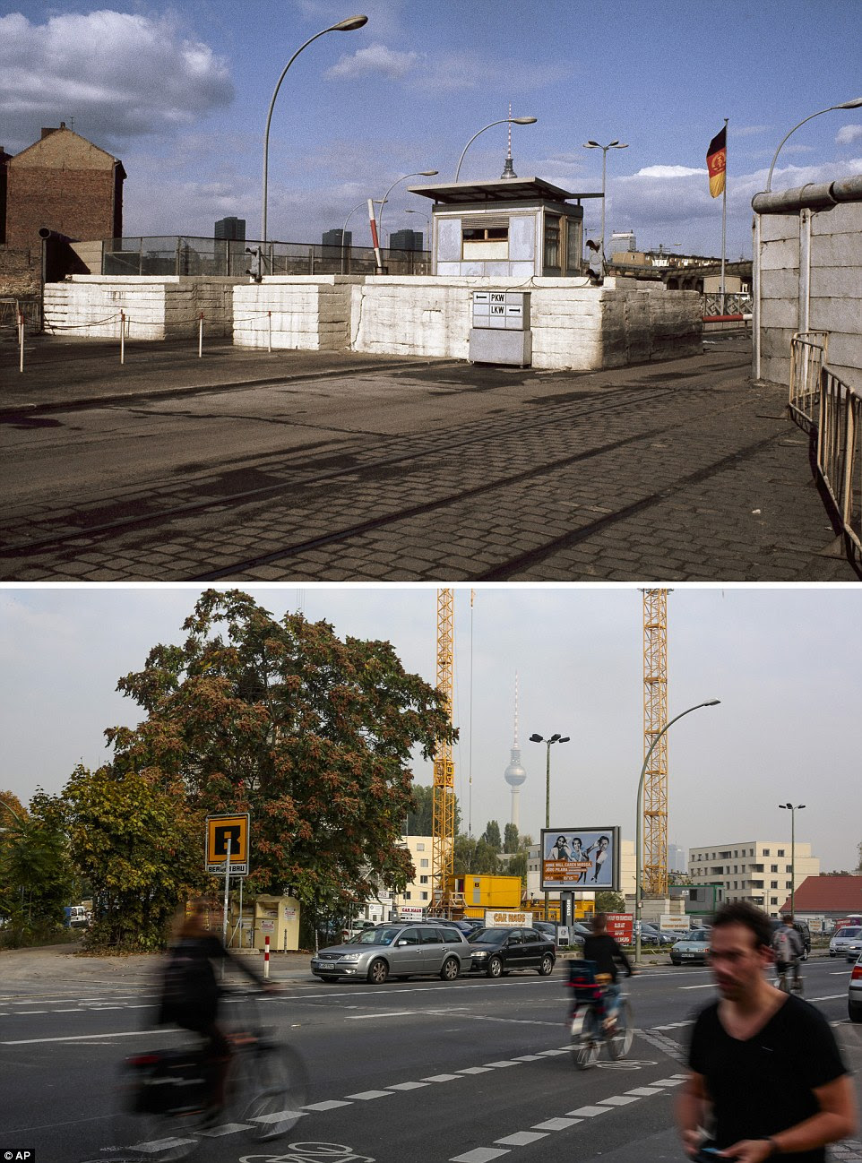 Transport: On March 12, 1971, anyone wanting to cross the Berlin Wall had to pass through checkpoints, such as this one at Heinrich-Heine-Strasse, while today people are free to cycle, drive and walk through the area, which has completely transformed