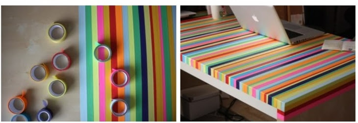 Старый стол можно обновить с помощью цветного скотча