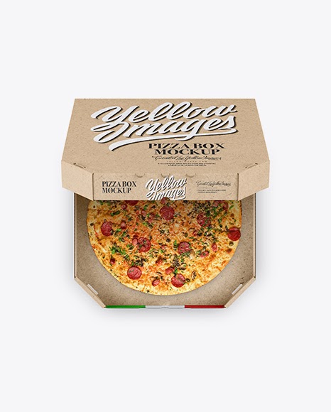Download Pizza in Half-open Kraft Box PSD Mockup Top View