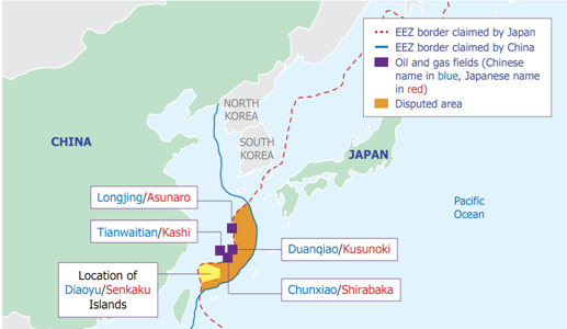 Map of the disputed areas and oil and natural gas resources in the East China Sea