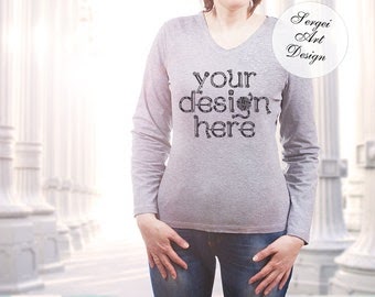 Download Blank Women's Gray T-Shirt Mockup, Long Sleeve Gray T-Shirt, Apparel Display, Fashion Design ...