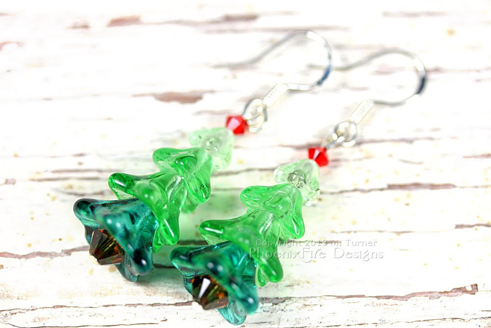 Miniature Christmas Tree Earrings, Czech Glass, Swarovski Crystal, Sterling Silver Hooks, Holiday Jewelry - PhoenixFireDesigns Miniature Christmas Tree Earrings, Czech Glass, Swarovski Crystal, Sterling Silver Hooks, Holiday Jewelry - PhoenixFireDesigns