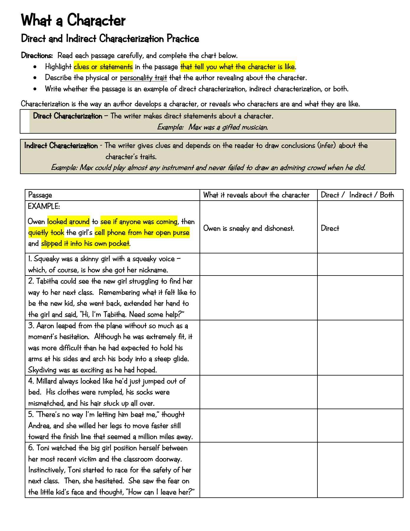 indirect-and-direct-characterization-worksheet-slideshare