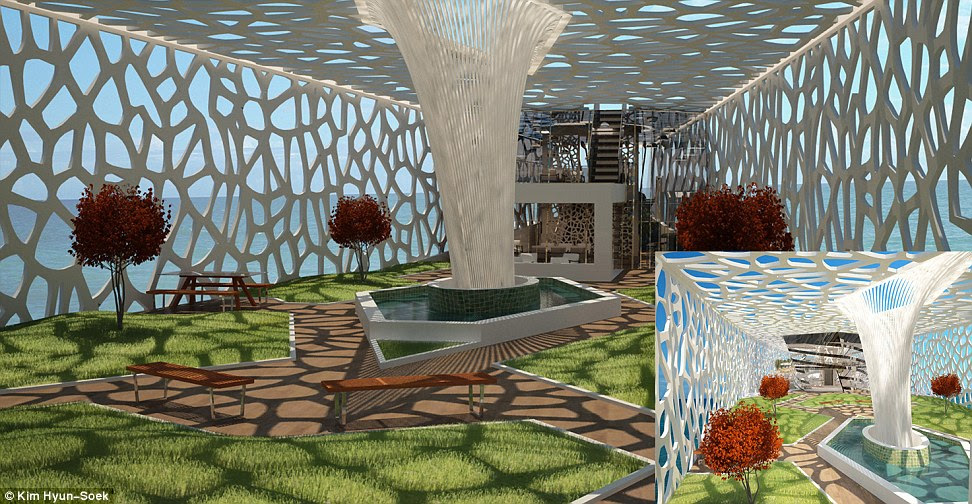 Garden of paradise: The luxury vessel even includes a glorious garden surrounded by the boat's trademark 'honeycomb' facade