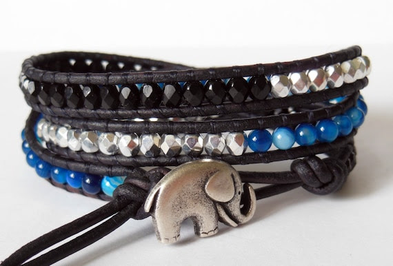 Blue Stripe Agate Leather Wrap Bracelet