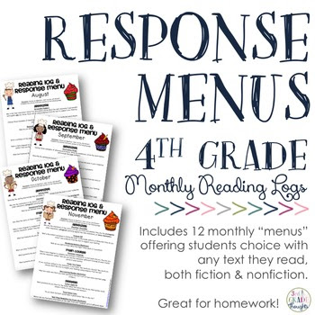 Reading Response Menus Across the Year {4th Grade CCSS-Aligned}