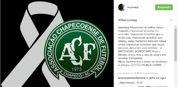 Neymar publicou mensagem de solidariedade à Chapecoense