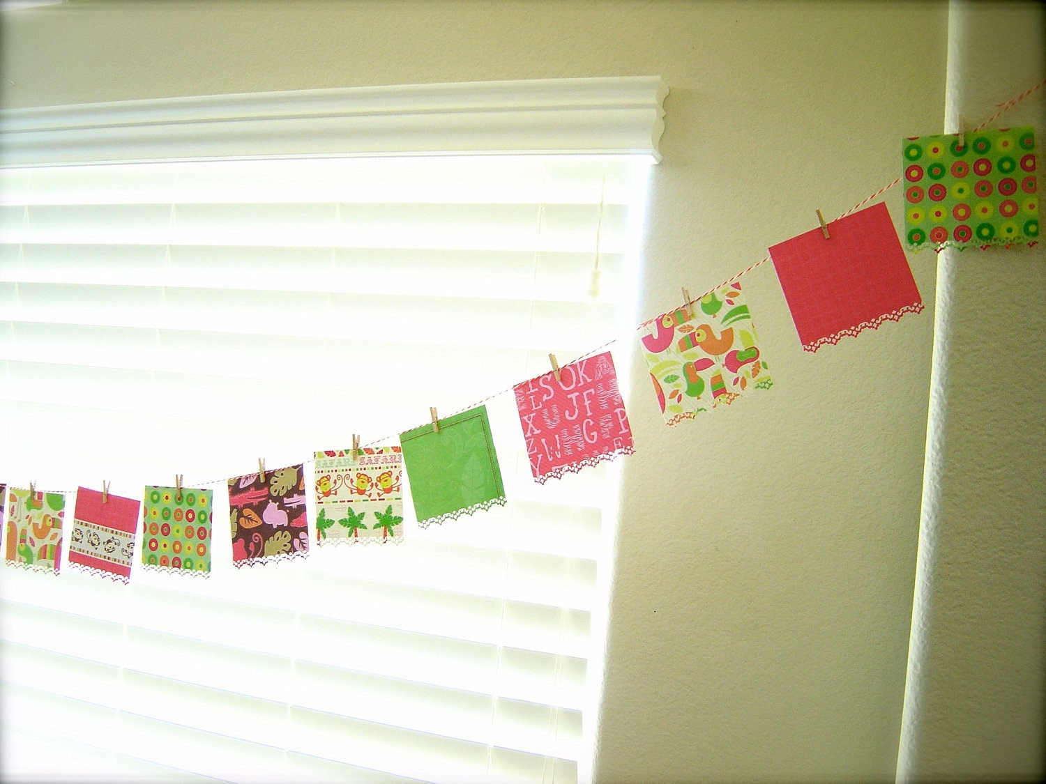 TUTTI FRUITY JUNGLE Large Banner Bunting 21 Hand Cut Lace Flags Keepsakes (custom orders welcome)