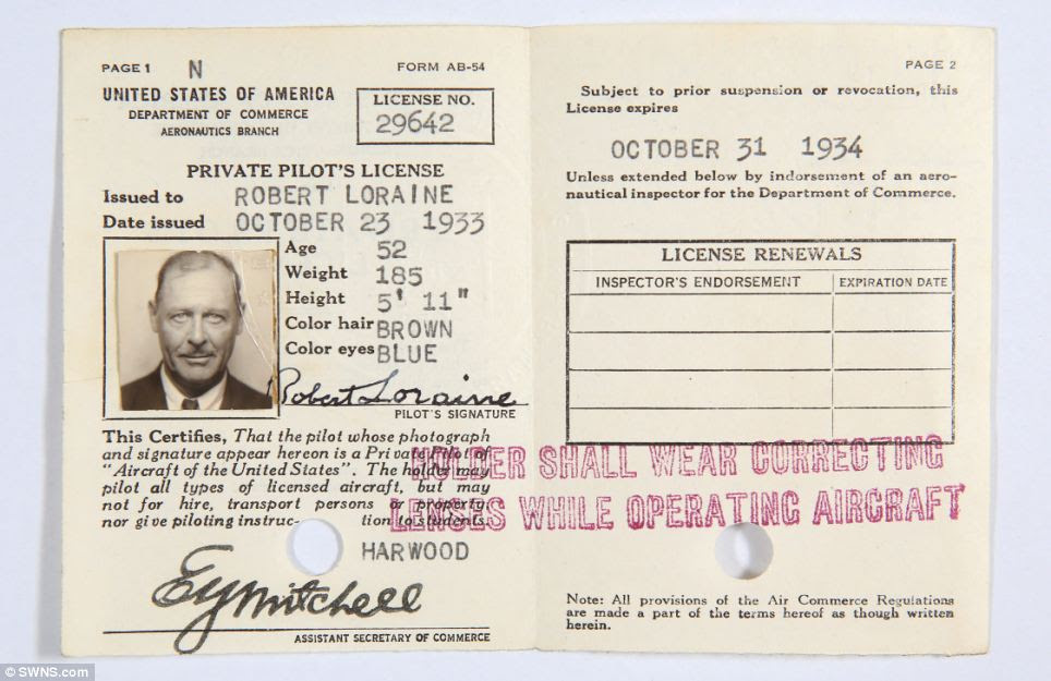 Robert Loraine's private pilot's license from his time in the USA, dated Oct 23rd 1933. He spent time working as an actor in the US after retiring from the military. A press cutting written around his time of death in December 1935 says: 'Robert Loraine will be remembered as one of the handsomest romantic actors of the present century.'