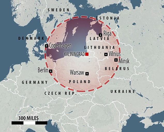 This graphic shows the potential reach of the Iskander missile from Kaliningrad