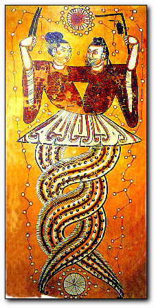 nuwafuxi An ancient painting of Nüwa and Fuxi unearthed in Xinjiang.