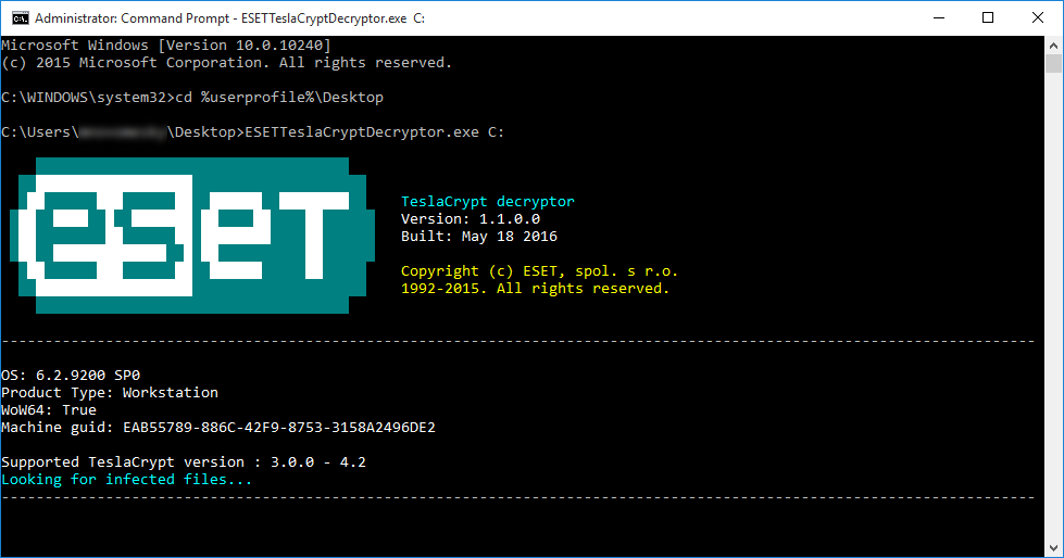 usar esetteslacryptor para descifrar los archivos cifrados de teslacrypt malware