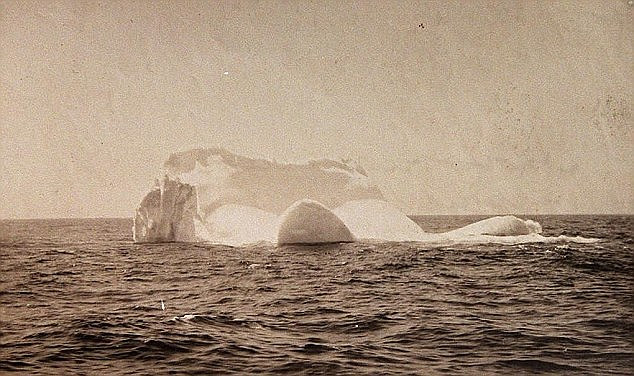 Photograph showing the iceberg which sank the Titanic. The Titanic only had visual sightings and a shipboard radio to guide it through iceberg-infested waters