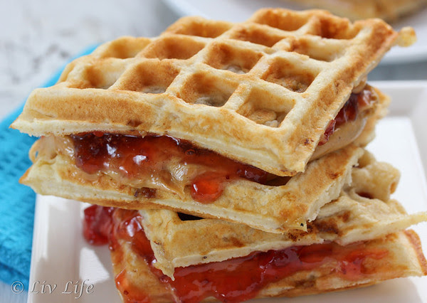 Peanut Butter and Jelly Banana Waffle Sandwiches