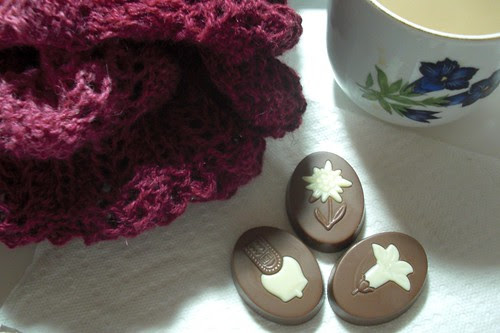 afternoon tea with chocolate covered swiss cookies and Johanna shawl