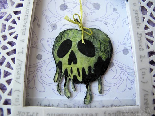 embroidery floss stiffened with glue- snow white poison apple card
