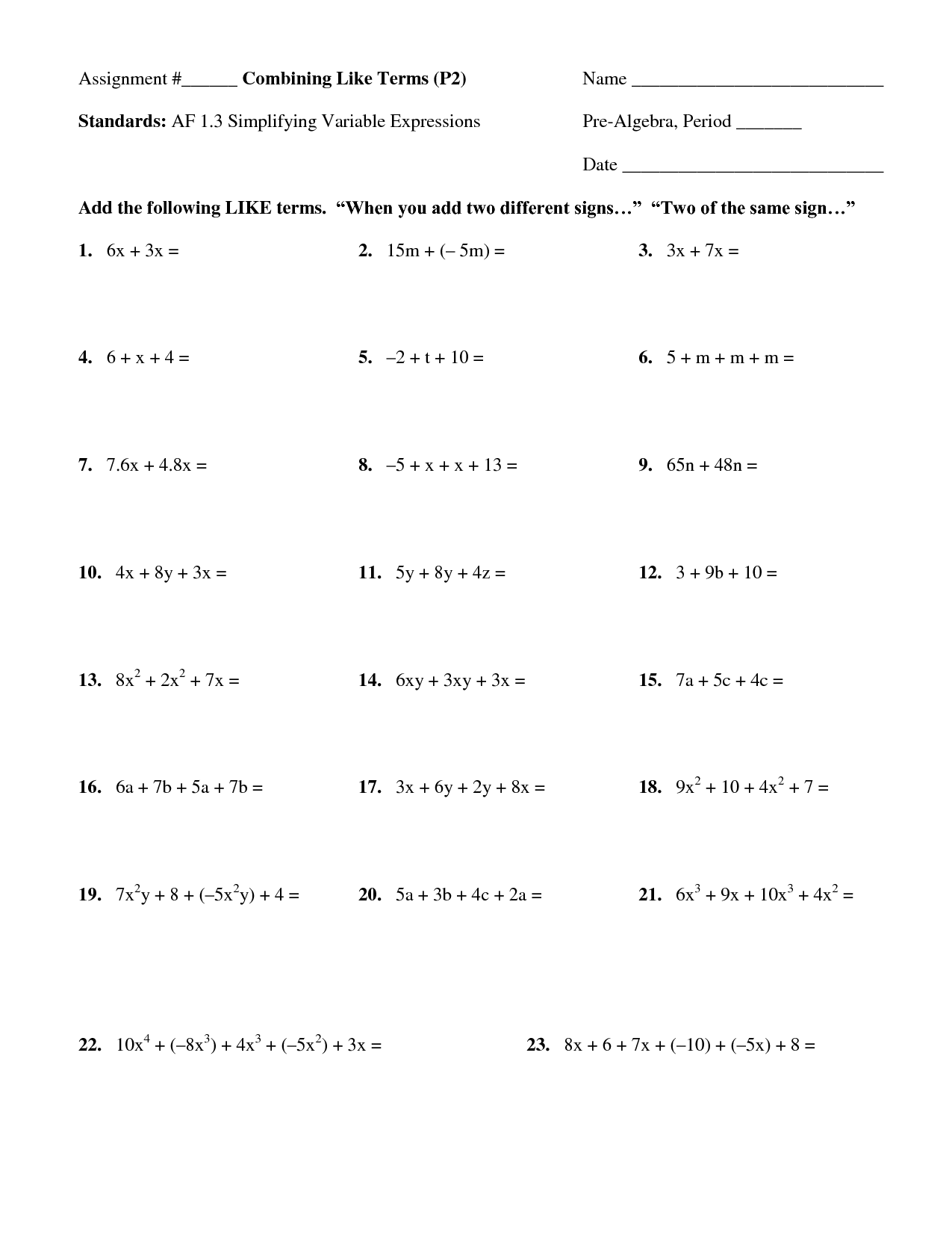 Simplifying Expressions By Combining Like Terms Worksheet For Combining Like Terms Equations Worksheet