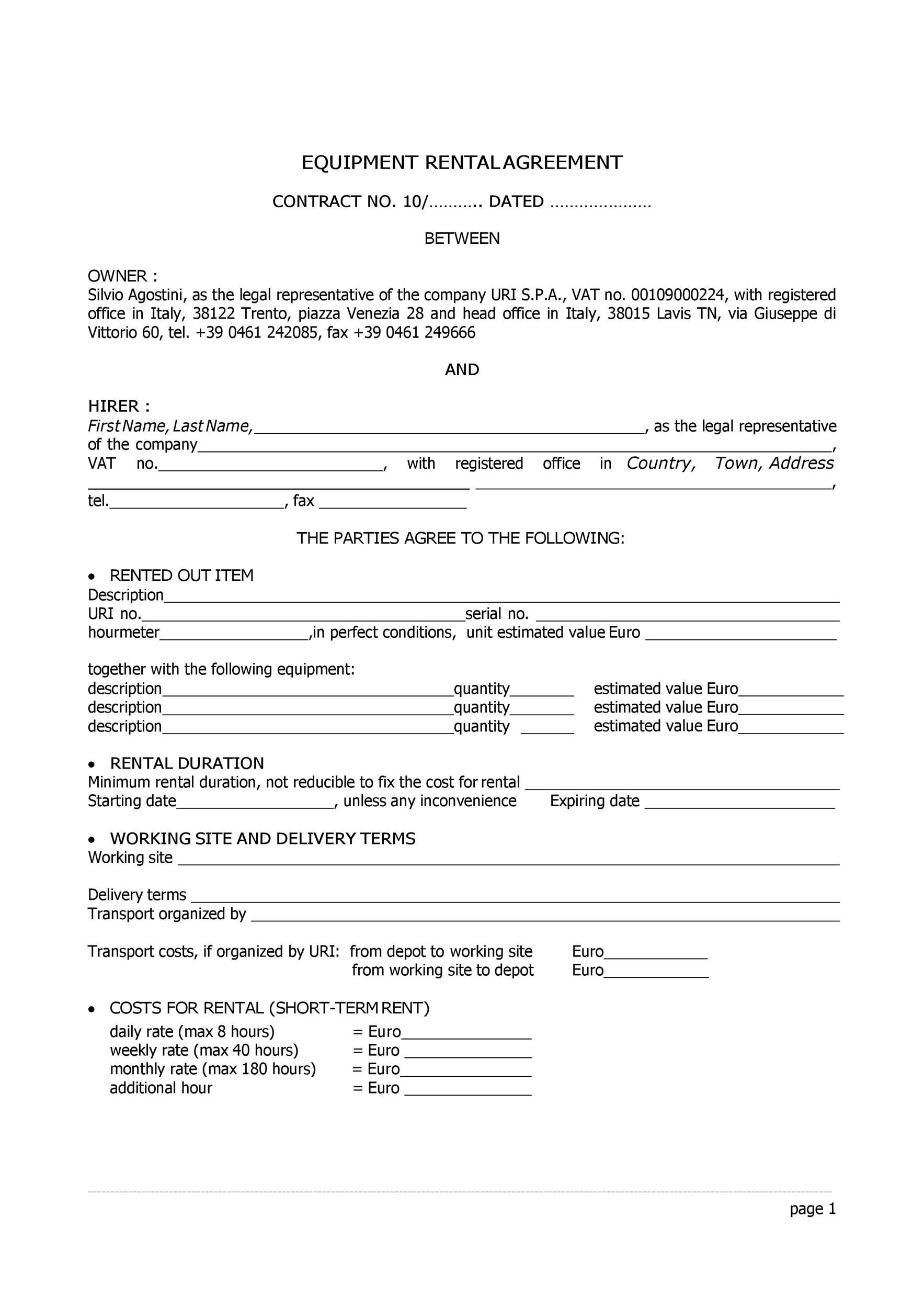 Online Editable Rental Equipment Agreement Template PDF Template