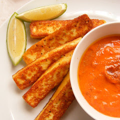 Peppered Halloumi with Red-Pepper Tahina Dip