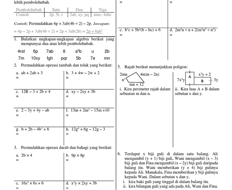 Soalan Matematik Tingkatan 2 Ungkapan Algebra - Selangor w