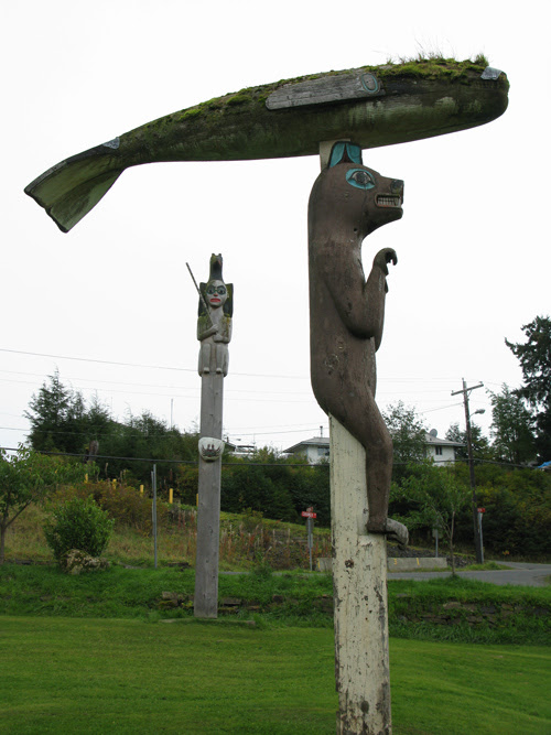 totem with humpback whale on bear, Klawock, Alaska