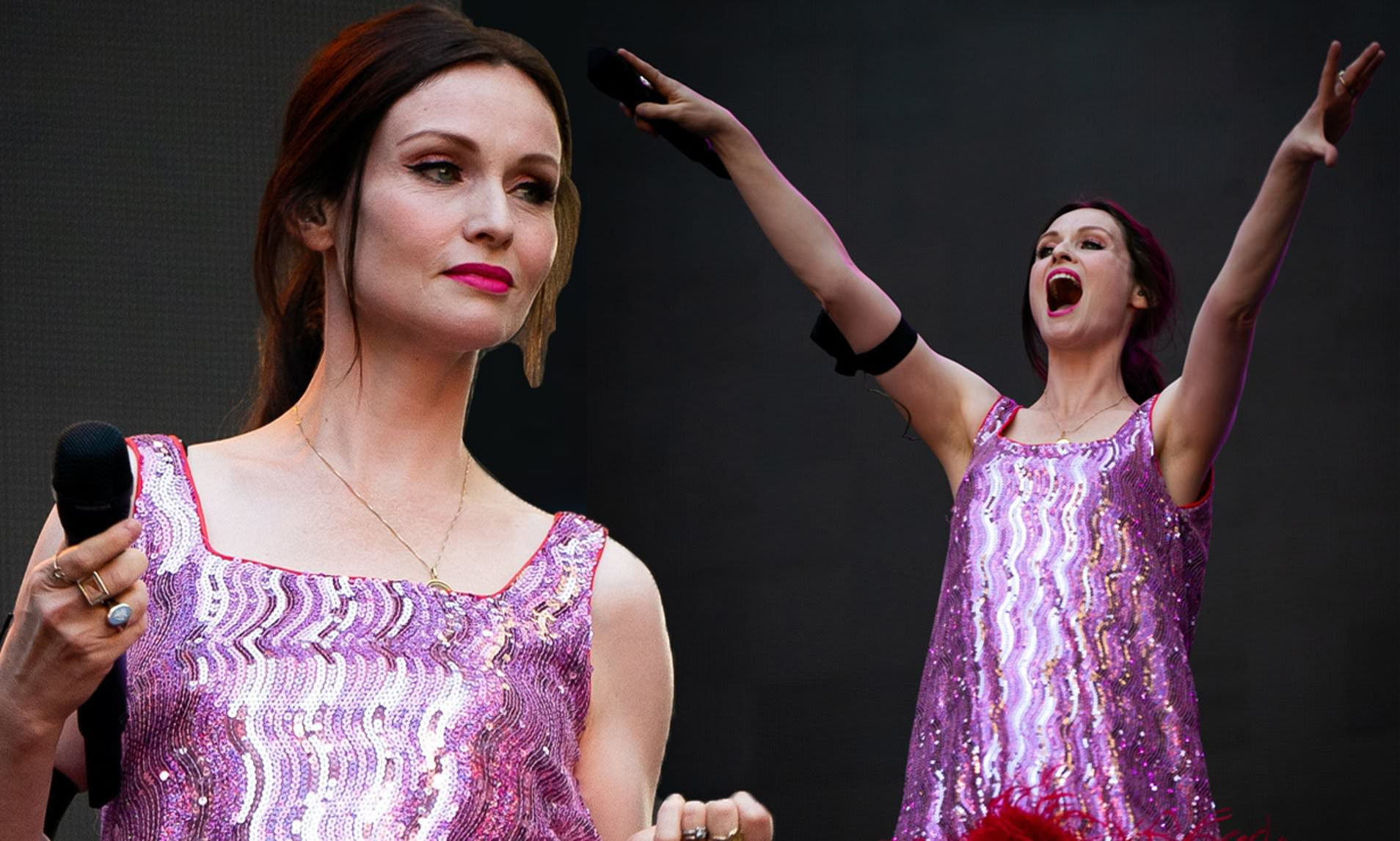Sophie Ellis-Bextor looks glam in purple mini dress with ruby trim at Westlife's Wembley Stadium gig