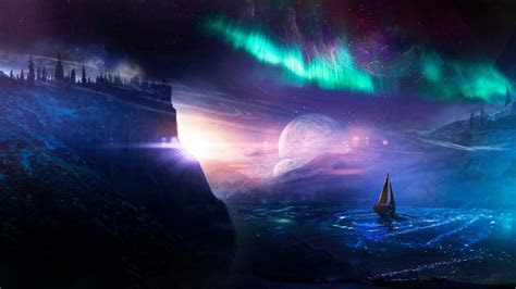 Sailboat Under The Aurora Borealis Fantasy Art Wallpaper Sailboat Under The Aurora Borealis Fantasy Art Wallpaper