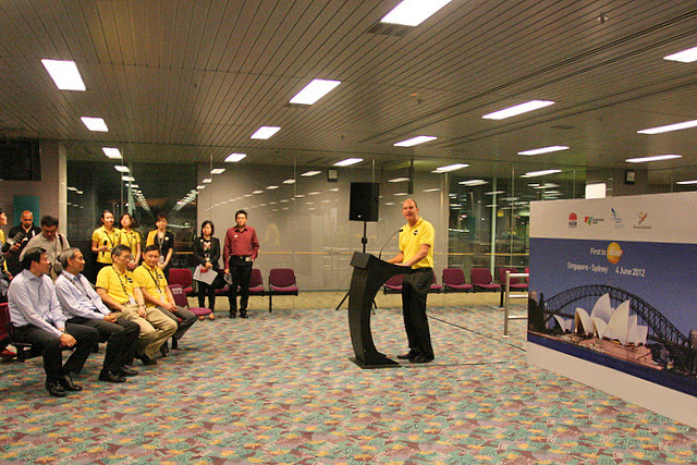 Scoot CEO Campbell Wilson giving a short speech at the departure gate
